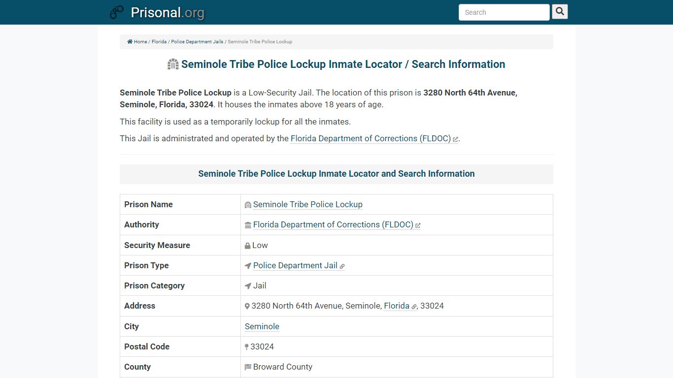 Seminole Tribe Police Lockup-Inmate Locator/Search Info ...
